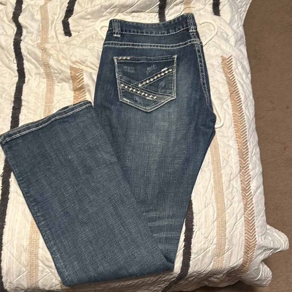 Rock & Roll Cowgirl Blue Boot Cut Jeans with Distinctive Stitching